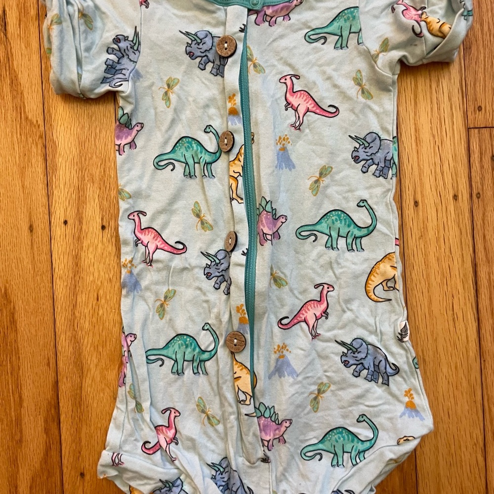 RAWR YOUR WORLD DINOS & DRAGONFLIES SHORT TWO-WAY ZIPPY ROMPER WITH FAUX BUTTONS - Picture 4 of 6